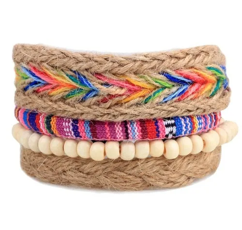Hand-woven adjustable leather wrap bracelet with wooden beads and natural ropes in vintage punk style