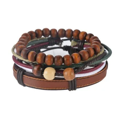 Hand-woven adjustable leather wrap bracelet with wooden beads and natural ropes in vintage punk style