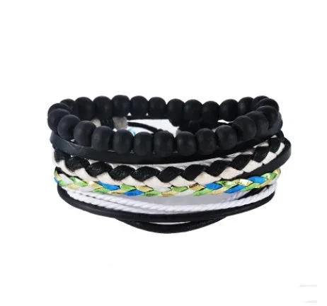 Hand-woven adjustable leather wrap bracelet with wooden beads and natural ropes in vintage punk style