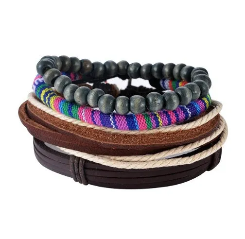 Hand-woven adjustable leather wrap bracelet with wooden beads and natural ropes in vintage punk style