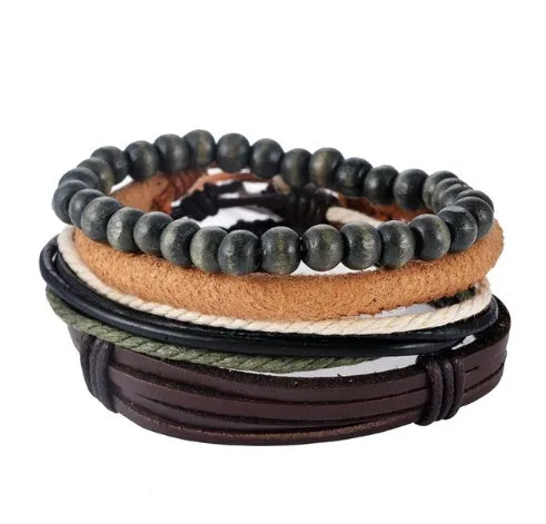 Hand-woven adjustable leather wrap bracelet with wooden beads and natural ropes in vintage punk style
