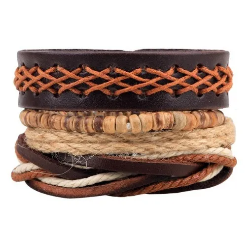 Hand-woven adjustable leather wrap bracelet with wooden beads and natural ropes in vintage punk style