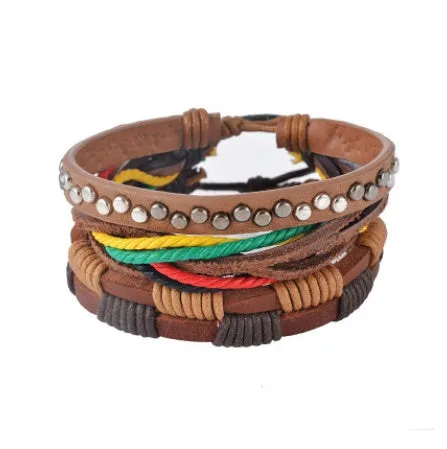 Hand-woven adjustable leather wrap bracelet with wooden beads and natural ropes in vintage punk style