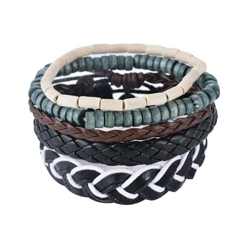 Hand-woven adjustable leather wrap bracelet with wooden beads and natural ropes in vintage punk style