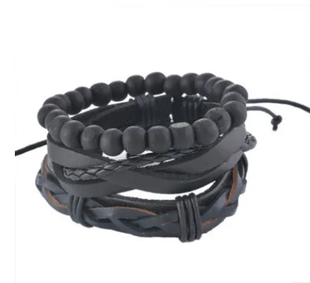 Hand-woven adjustable leather wrap bracelet with wooden beads and natural ropes in vintage punk style