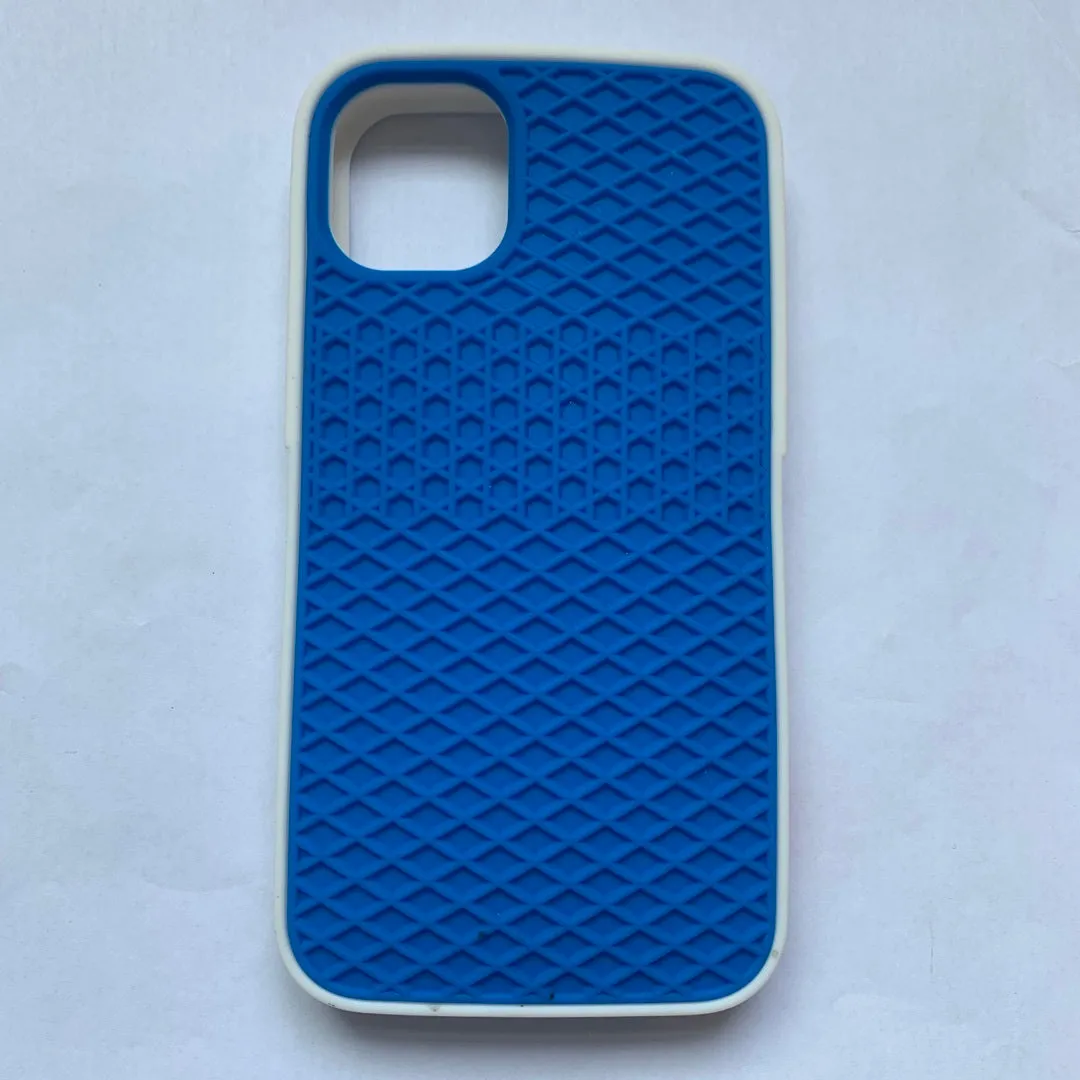 Waffle sole silicone phone case for iPhone 6s with checker pattern texture in black edge on brown background
