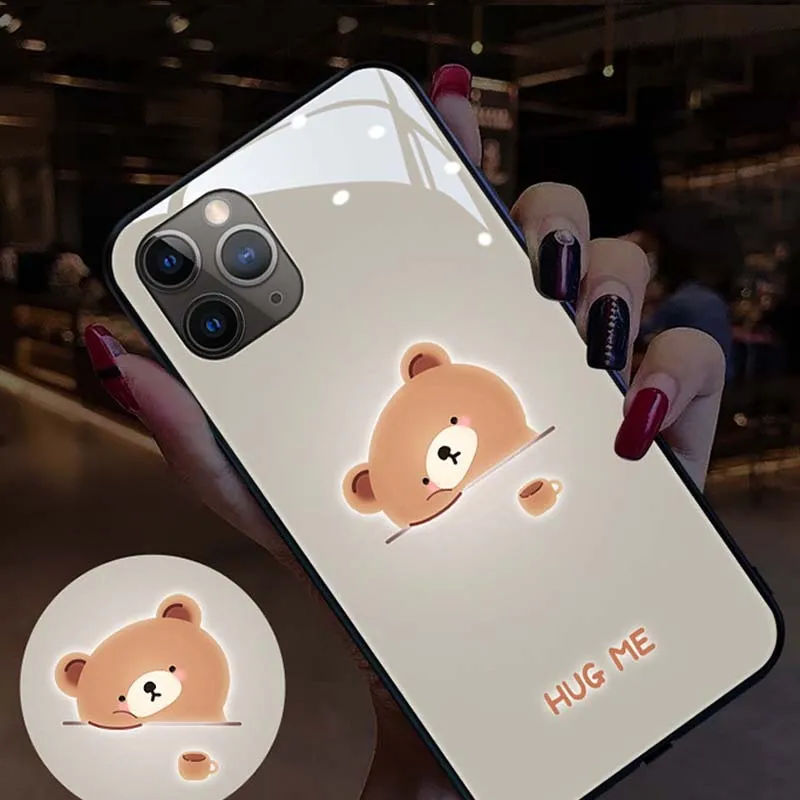 Tempered glass LED light phone case for Apple iPhone with cartoon bear design and notification glow