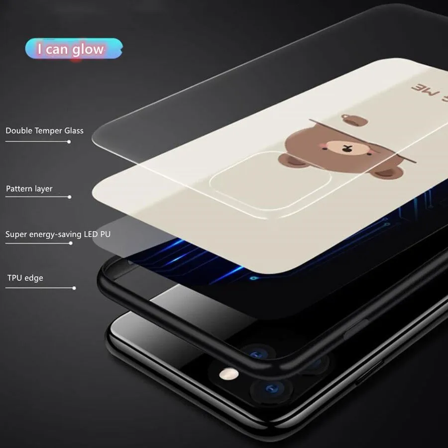 Tempered glass LED light phone case for Apple iPhone with cartoon bear design and notification glow