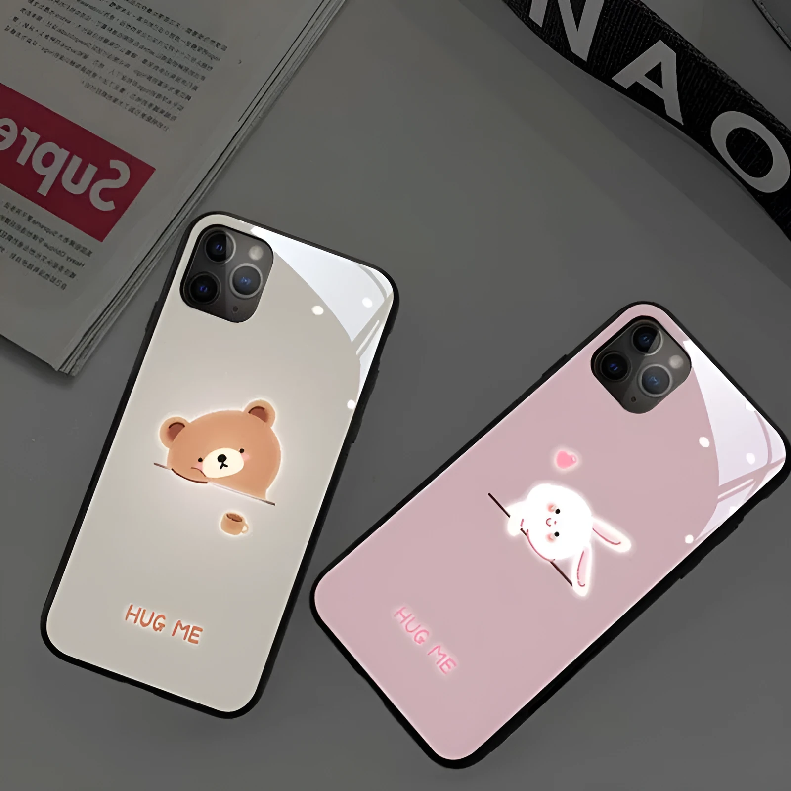 Tempered glass LED light phone case for Apple iPhone with cartoon bear design and notification glow