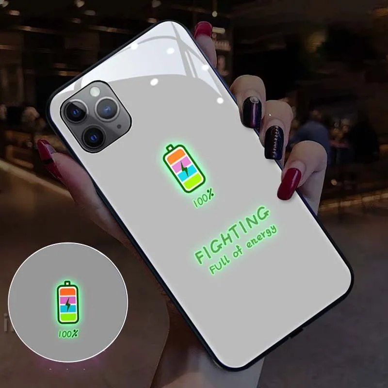 Tempered glass LED light phone case for Apple iPhone with cartoon bear design and notification glow
