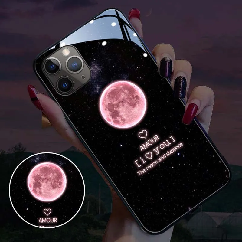 Tempered glass LED light phone case for Apple iPhone with cartoon bear design and notification glow