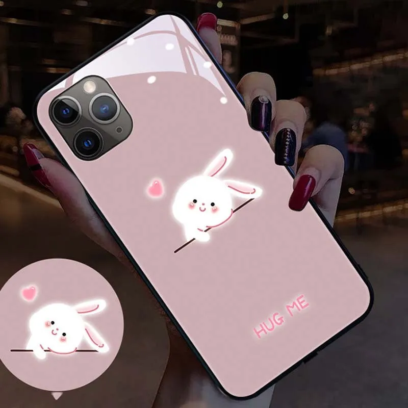 Tempered glass LED light phone case for Apple iPhone with cartoon bear design and notification glow
