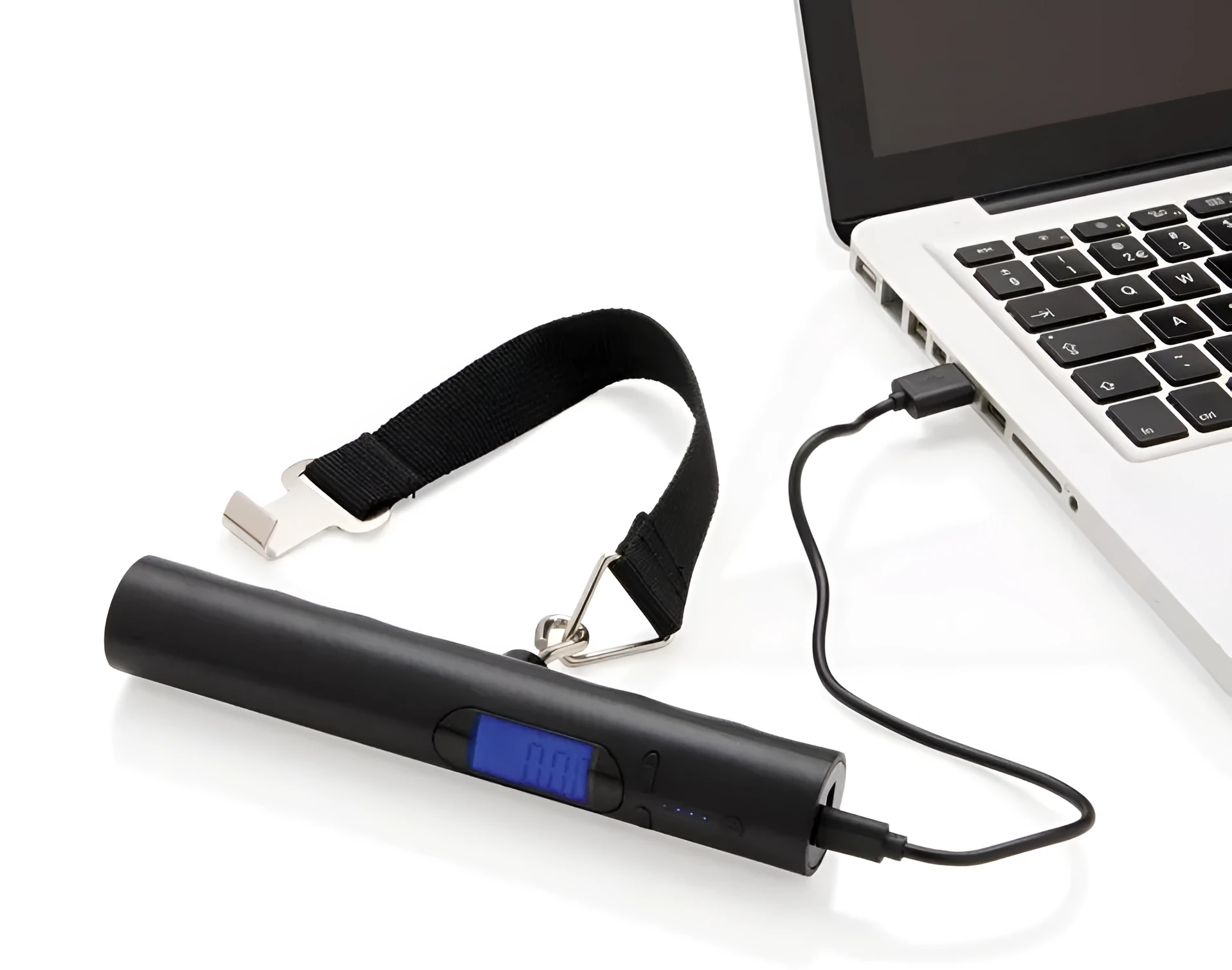 Black USB mobile power luggage scale with ABS body and blue backlit LCD display