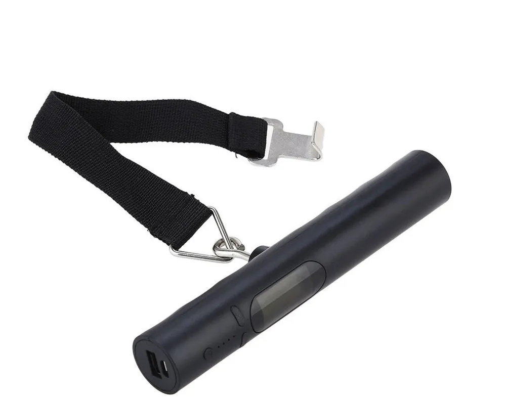 Black USB mobile power luggage scale with ABS body and blue backlit LCD display