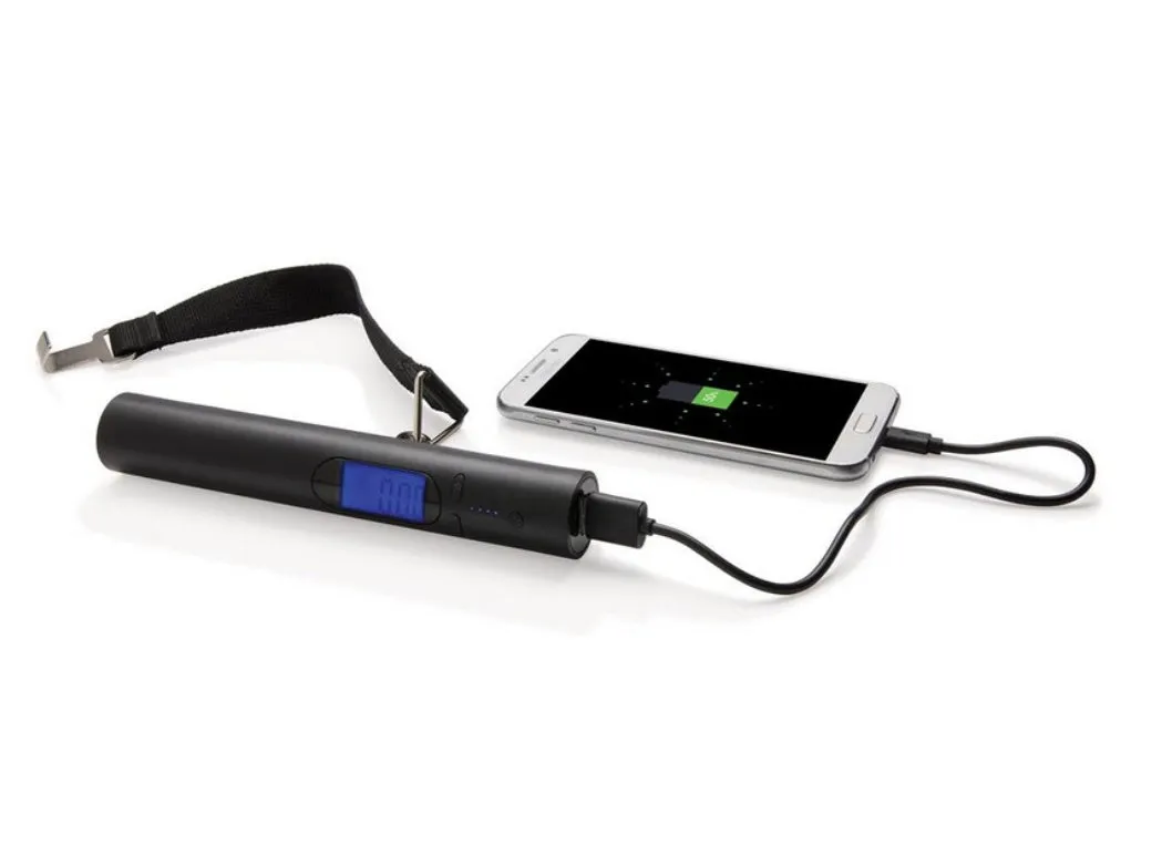 Black USB mobile power luggage scale with ABS body and blue backlit LCD display