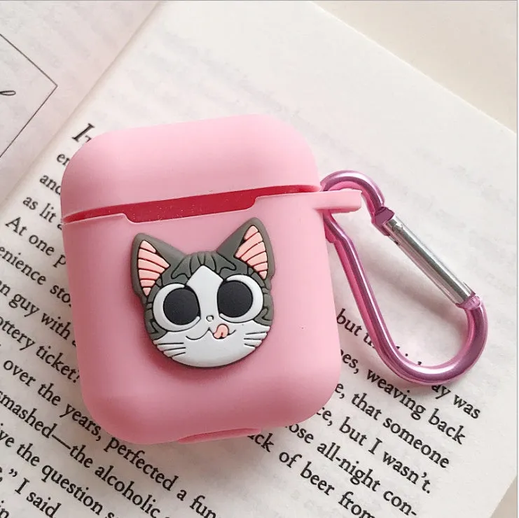 Silicone protective case for Bluetooth earphones with cartoon design and key-clasp hanging rope