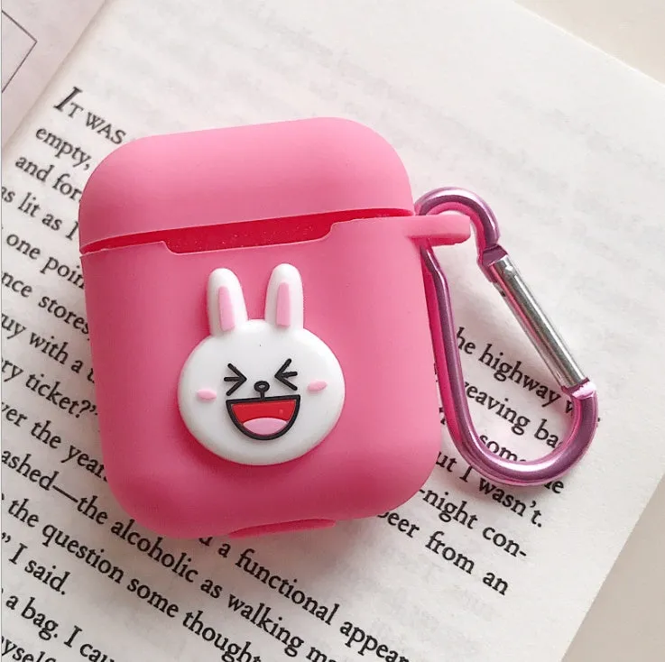 Silicone protective case for Bluetooth earphones with cartoon design and key-clasp hanging rope