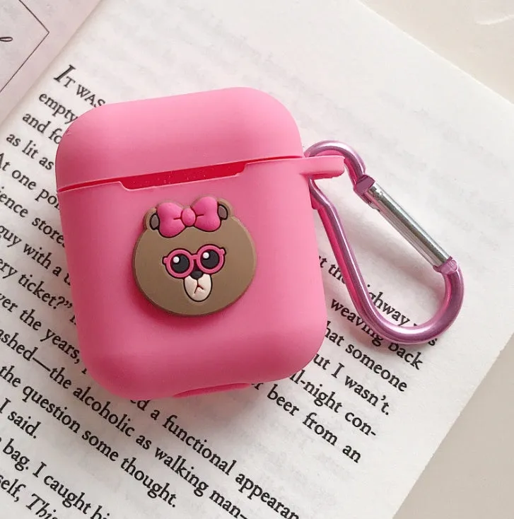 Silicone protective case for Bluetooth earphones with cartoon design and key-clasp hanging rope