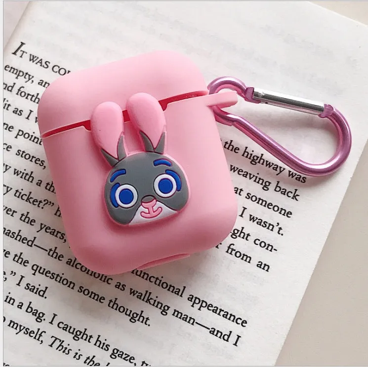 Silicone protective case for Bluetooth earphones with cartoon design and key-clasp hanging rope