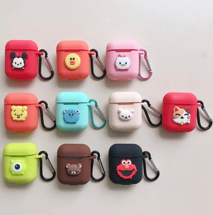 Silicone protective case for Bluetooth earphones with cartoon design and key-clasp hanging rope
