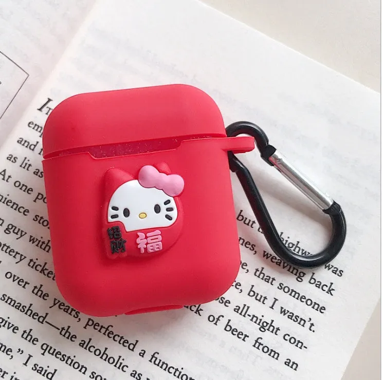Silicone protective case for Bluetooth earphones with cartoon design and key-clasp hanging rope
