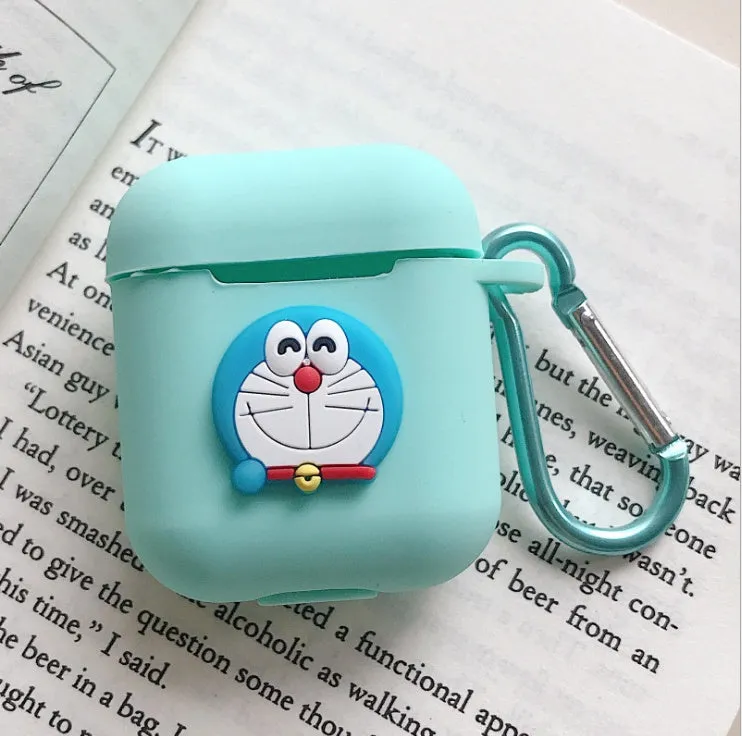 Silicone protective case for Bluetooth earphones with cartoon design and key-clasp hanging rope