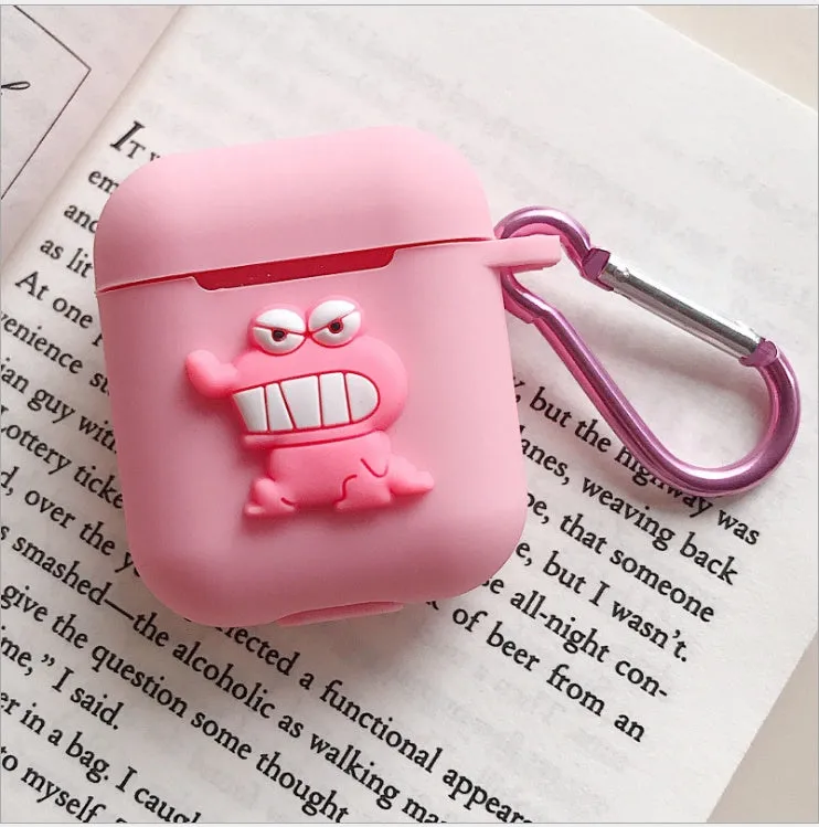 Silicone protective case for Bluetooth earphones with cartoon design and key-clasp hanging rope