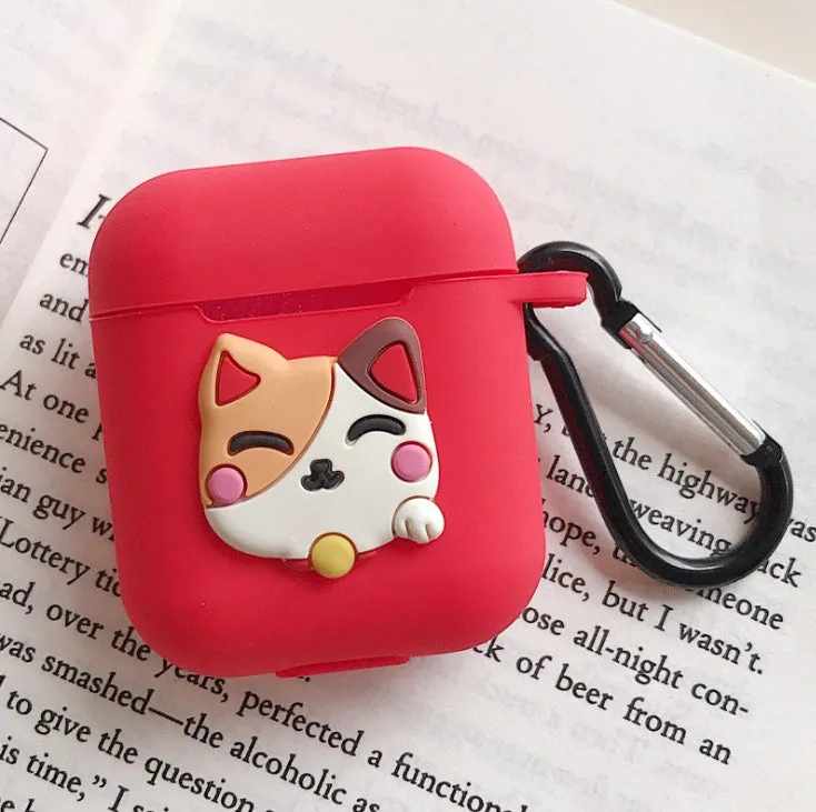 Silicone protective case for Bluetooth earphones with cartoon design and key-clasp hanging rope