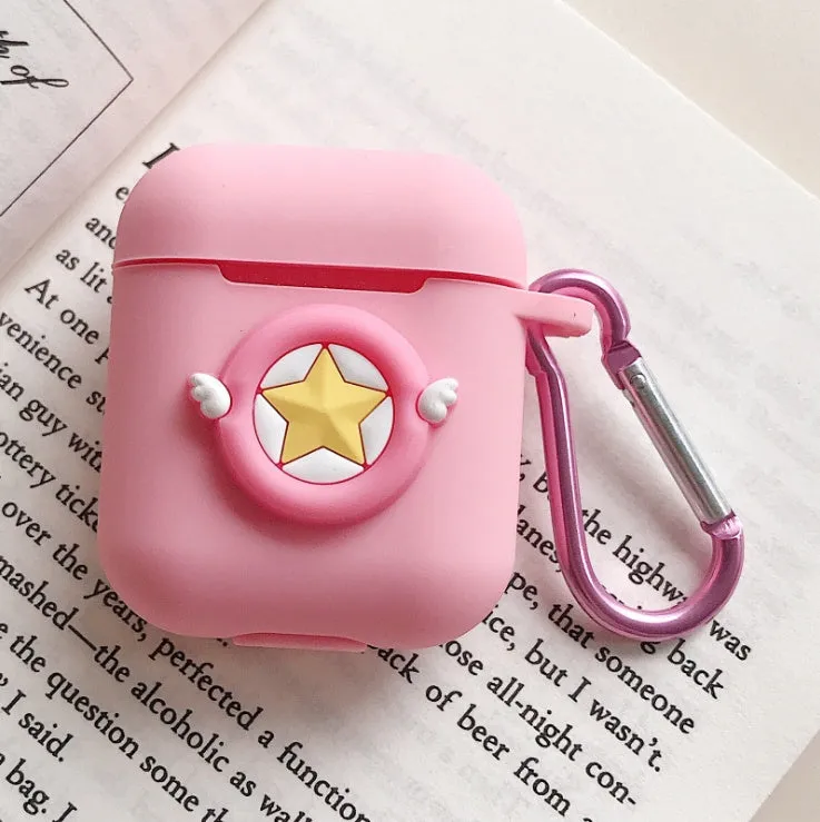 Silicone protective case for Bluetooth earphones with cartoon design and key-clasp hanging rope