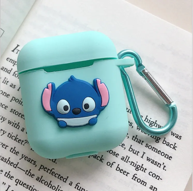Silicone protective case for Bluetooth earphones with cartoon design and key-clasp hanging rope