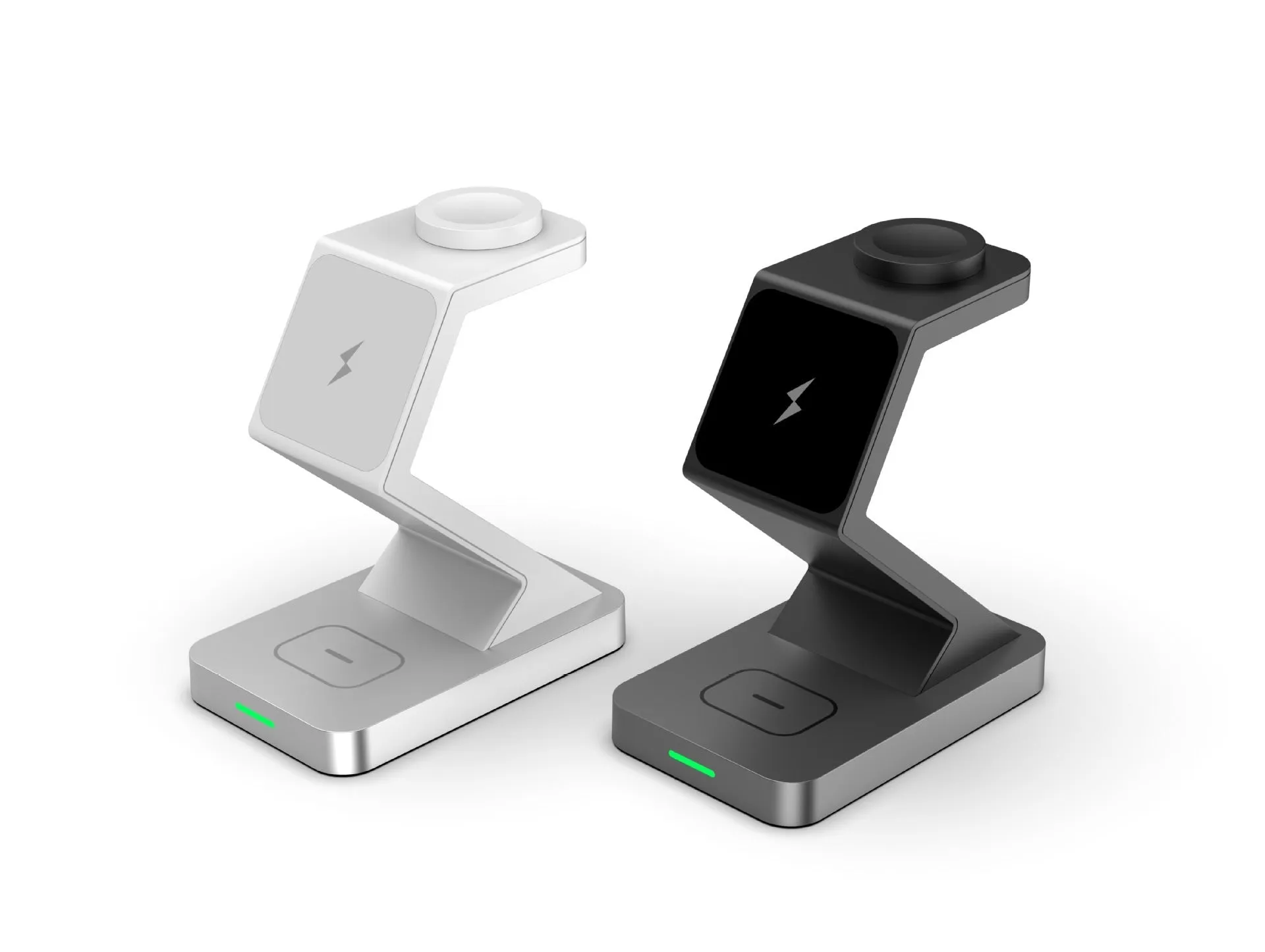 Three-in-one magnetic wireless charger phone holder in black with phone, watch and earbuds on a desktop