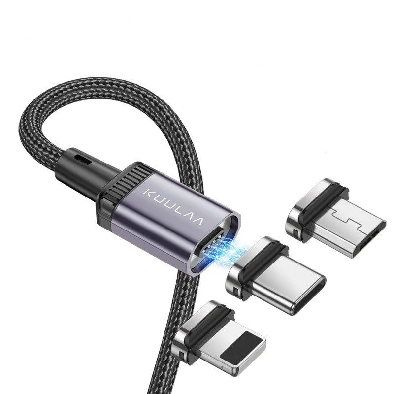 3-in-1 magnetic absorption data line with woven cable, aluminium alloy ends, Lightning Micro USB TYPE-C ports, black