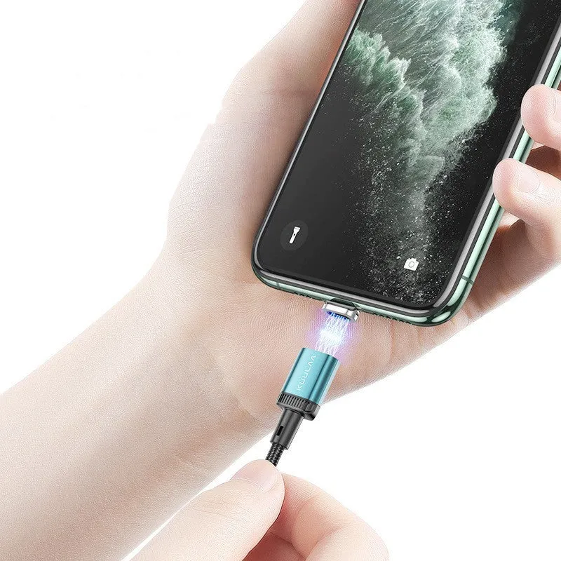 3-in-1 magnetic absorption data line with woven cable, aluminium alloy ends, Lightning Micro USB TYPE-C ports, black