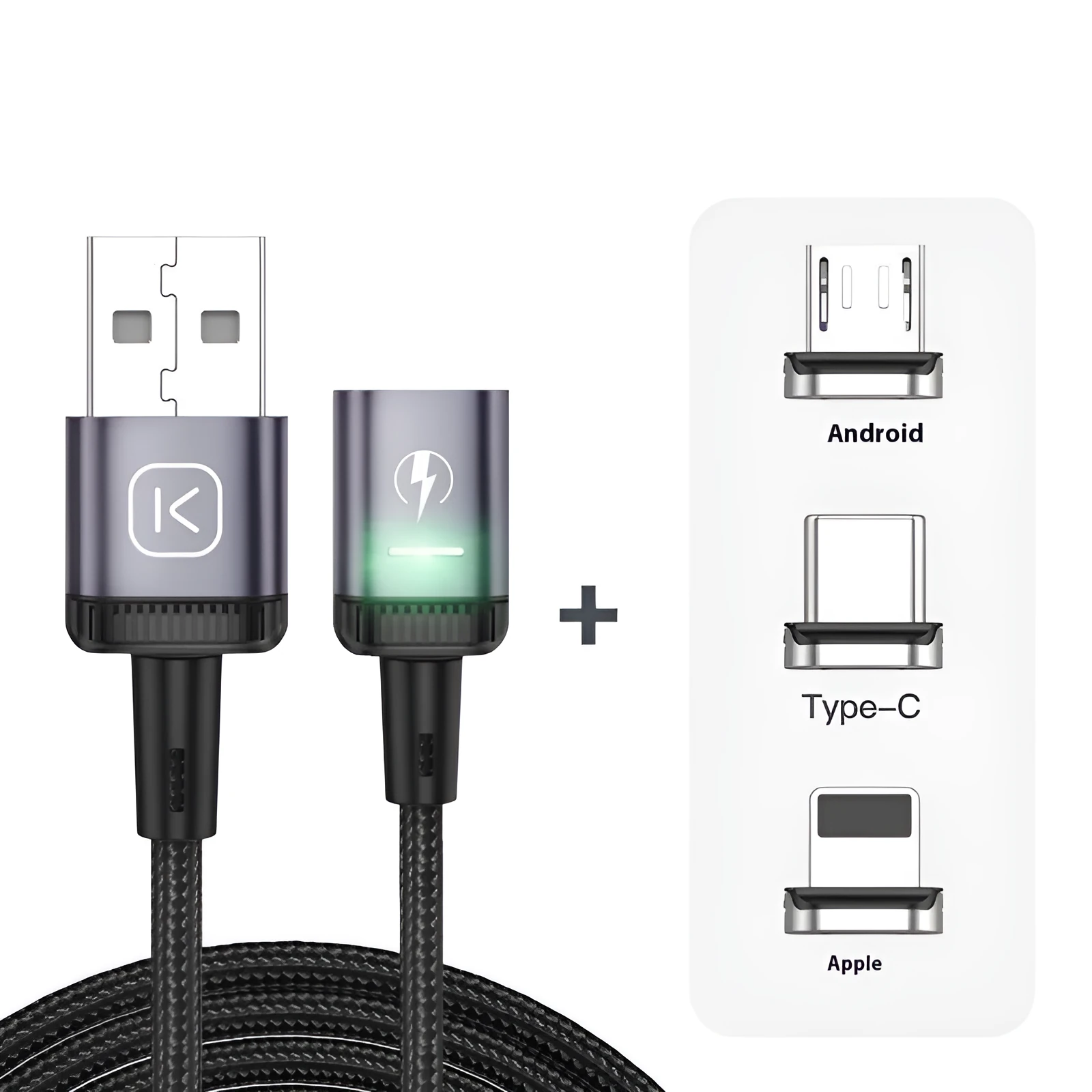 3-in-1 magnetic absorption data line with woven cable, aluminium alloy ends, Lightning Micro USB TYPE-C ports, black