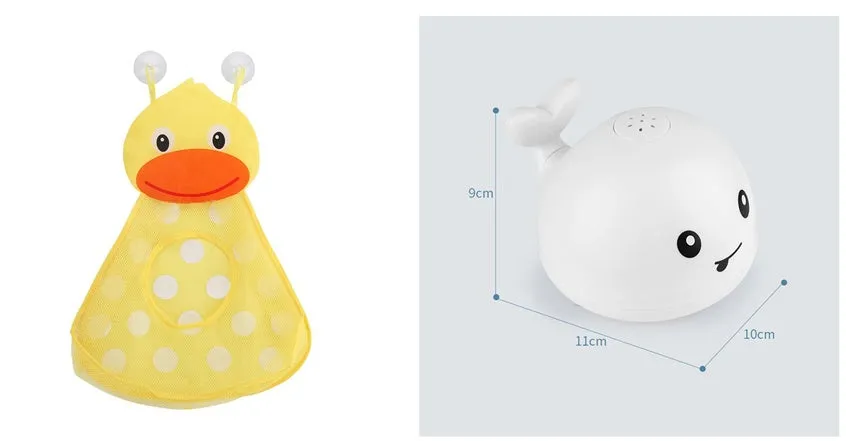 White and blue whale bath toy spraying water with LED lights on, floating in a bathtub