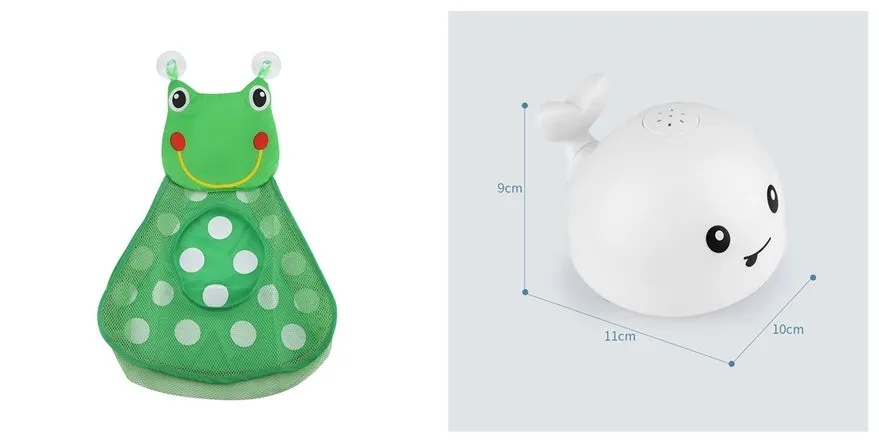 White and blue whale bath toy spraying water with LED lights on, floating in a bathtub