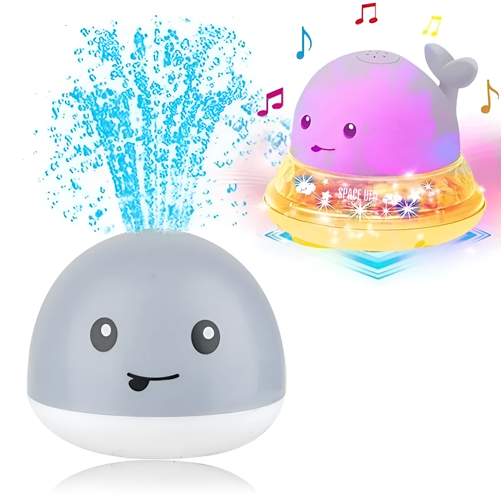 White and blue whale bath toy spraying water with LED lights on, floating in a bathtub