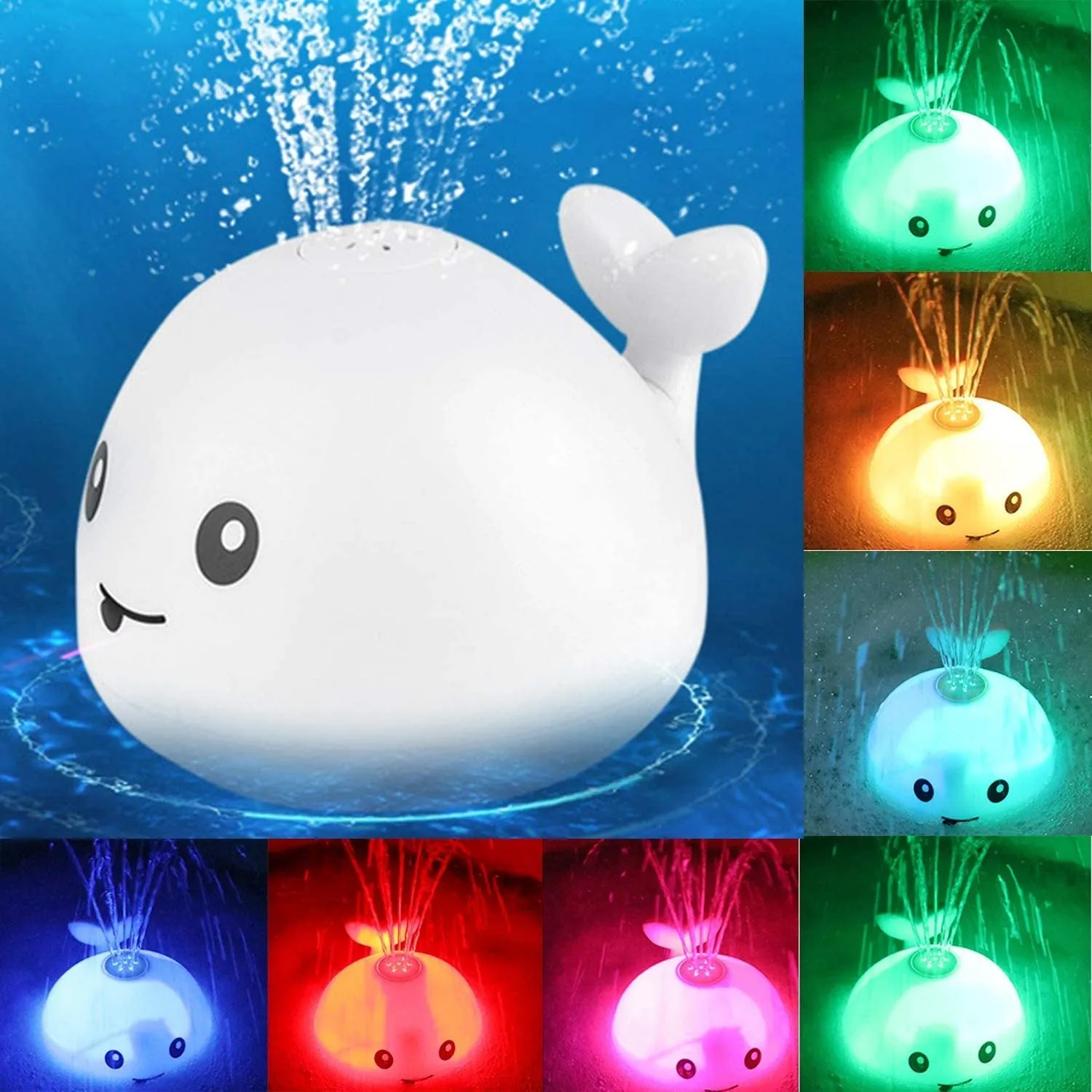 White and blue whale bath toy spraying water with LED lights on, floating in a bathtub