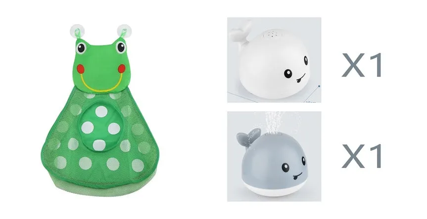 White and blue whale bath toy spraying water with LED lights on, floating in a bathtub