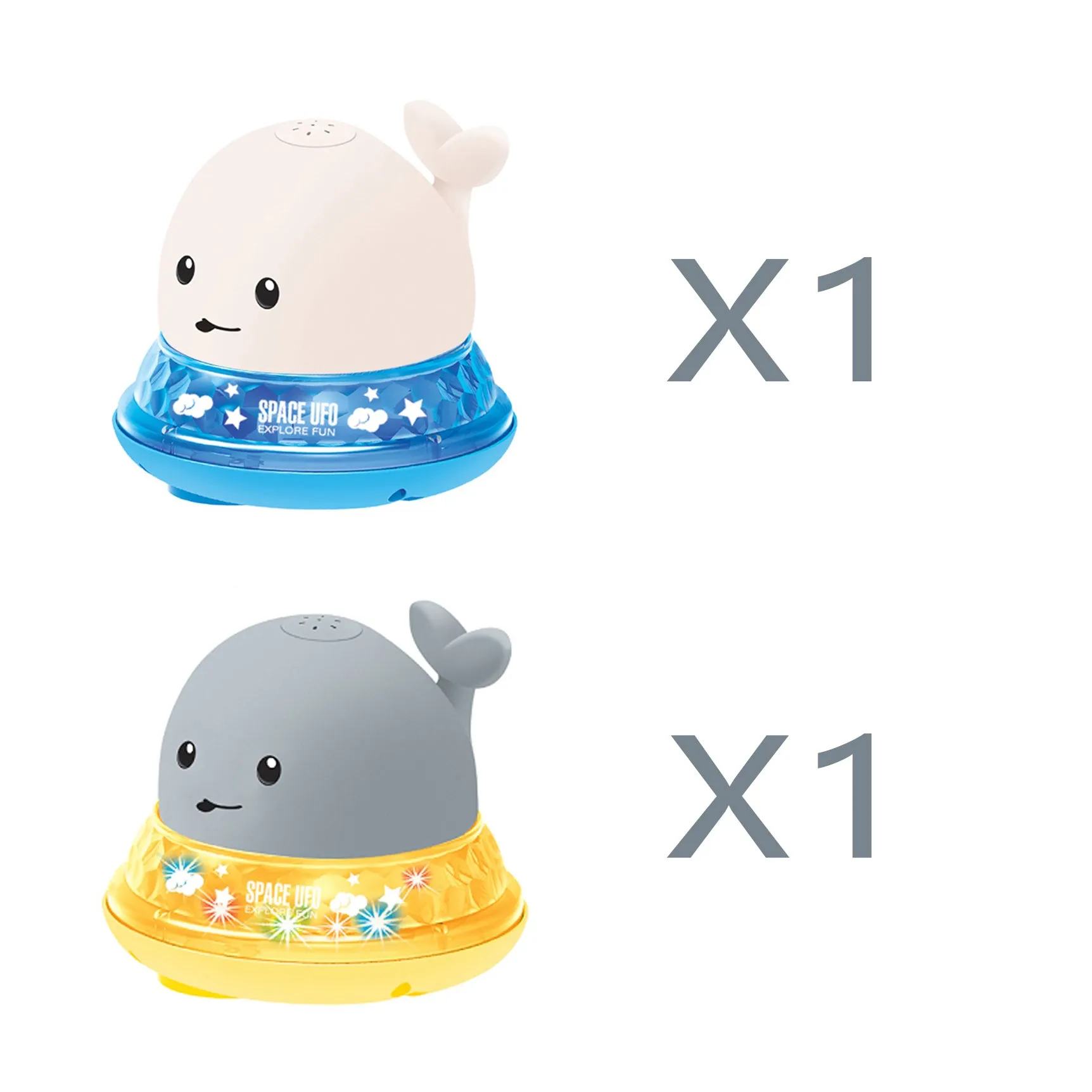 White and blue whale bath toy spraying water with LED lights on, floating in a bathtub