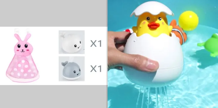 White and blue whale bath toy spraying water with LED lights on, floating in a bathtub