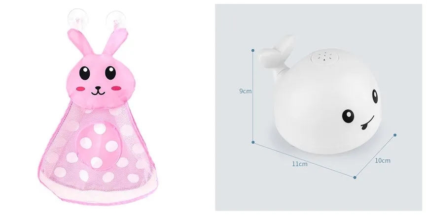 White and blue whale bath toy spraying water with LED lights on, floating in a bathtub