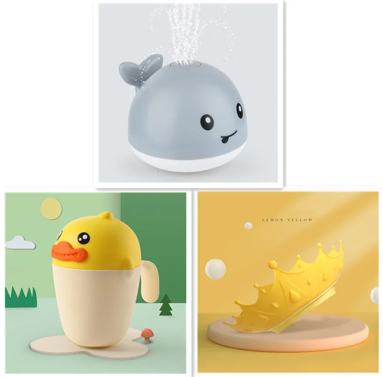 White and blue whale bath toy spraying water with LED lights on, floating in a bathtub