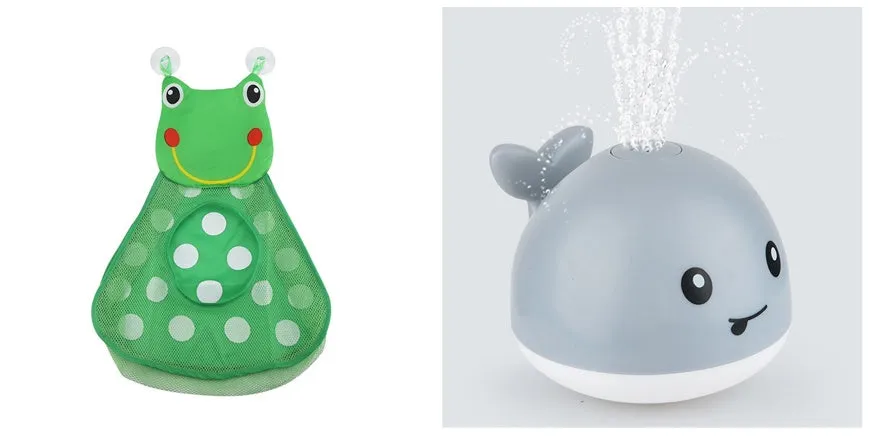 White and blue whale bath toy spraying water with LED lights on, floating in a bathtub