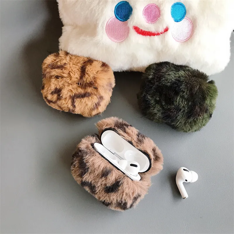 Plush headphone case with leopard print, flip-style design, for AirPods 1st/2nd gen and AirPods Pro 3rd gen