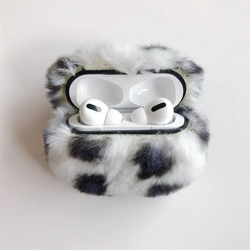 Plush headphone case with leopard print, flip-style design, for AirPods 1st/2nd gen and AirPods Pro 3rd gen