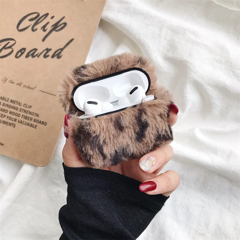 Plush headphone case with leopard print, flip-style design, for AirPods 1st/2nd gen and AirPods Pro 3rd gen