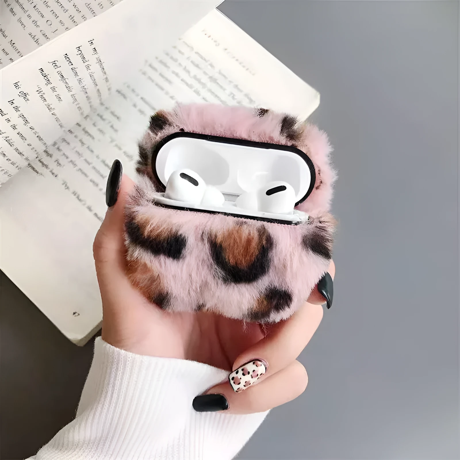 Plush headphone case with leopard print, flip-style design, for AirPods 1st/2nd gen and AirPods Pro 3rd gen