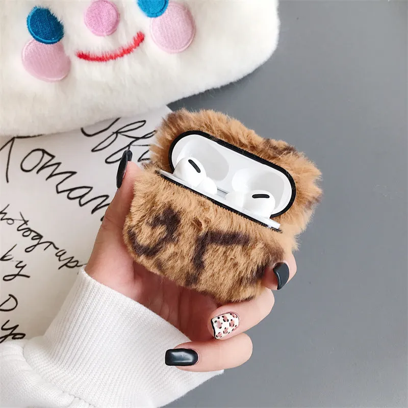 Plush headphone case with leopard print, flip-style design, for AirPods 1st/2nd gen and AirPods Pro 3rd gen