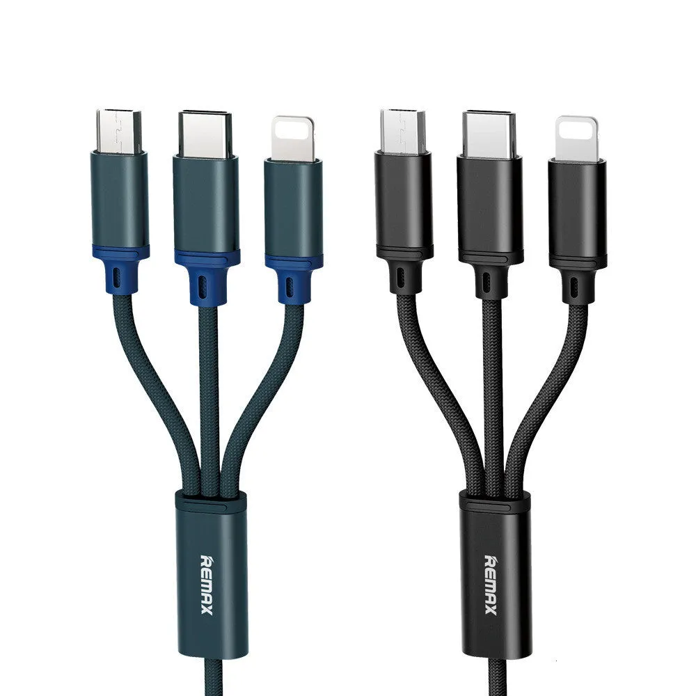Braided charging cable with USB, Micro USB, and Type-C connectors, 1.15m, black